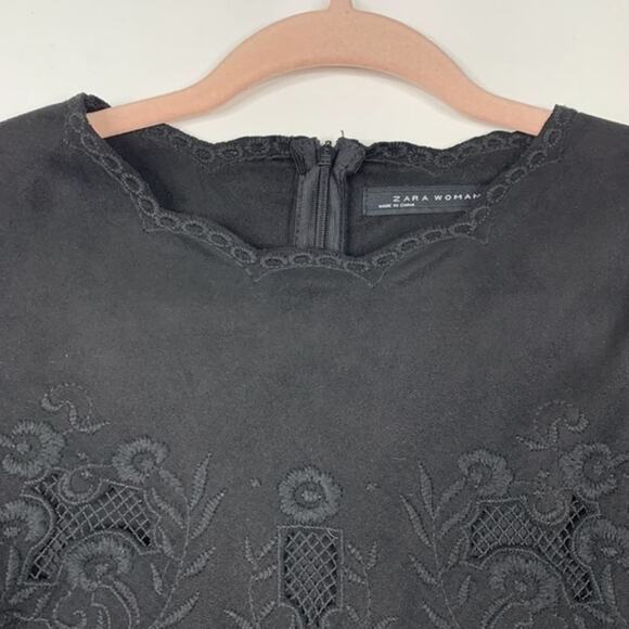 2/$30 ZARA Embroidered Faux Suede Tunic Dress M Black Scalloped Meshed #5213 - Picture 6 of 15